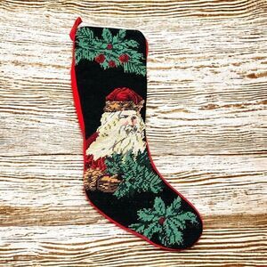 Vintage Needlepoint Wool Christmas Stocking Old World Santa Red Black Velvet‎